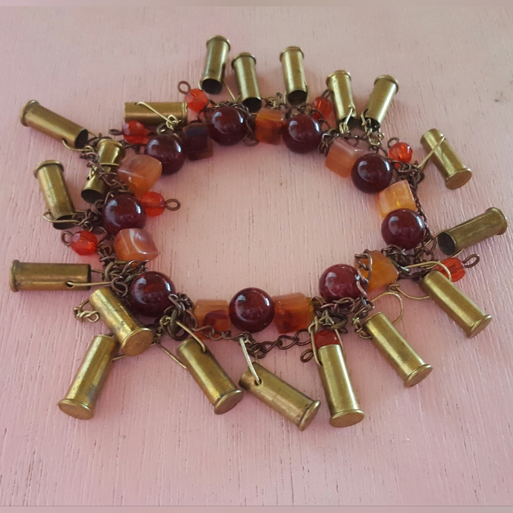 Burgundy orange 22 brass Bullet casing chains beaded stretch dangle bracelet NWT